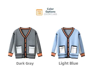 Detail of kids knit cardigans with V-neck buttons and contrast pockets in grey and blue