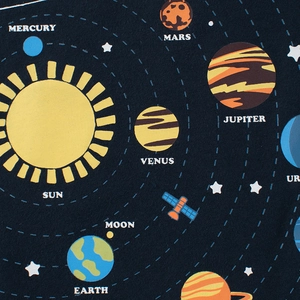 Kids solar system t-shirt with planets and sun print on navy cotton fabric