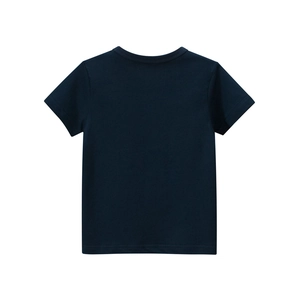 Back view of a minimalist navy blue cotton short-sleeved t-shirt for children