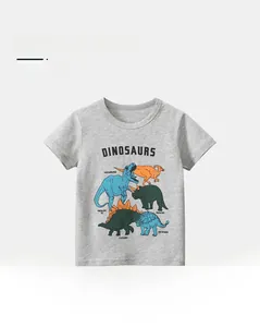 Close-up of soft cotton gray t-shirt featuring colorful cartoon dinosaur prints for boys