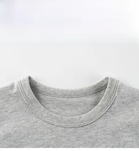 Close-up of grey crew neck t-shirt showing ribbed neckline and high-quality stitching