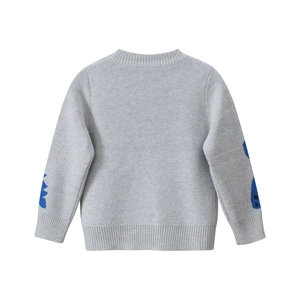 Light gray knit sweater for boys with blue cartoon dinosaur sleeve designs