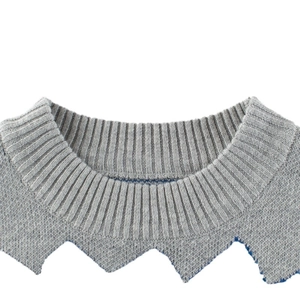 Grey knit kids sweater featuring a ribbed crewneck and scalloped hem detail