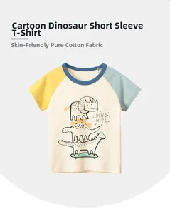 Detail of soft 100% cotton fabric and vibrant dino-mite cartoon print on kids t-shirt