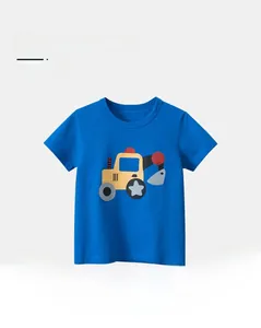 Detail of soft skin-friendly cotton fabric on kids navy blue t-shirt with excavator print