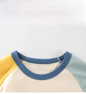 Detail display of a colorful raglan sleeve neckline on a cotton kids' dinosaur t-shirt