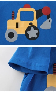 Close-up of excavator print and double-stitched cuff on kids blue cotton T-shirt