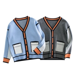Kids Knit Cardigan V Neck Cotton Blend Button Up Sweater With Contrast Ribbed Trim For Toddler Boys Girls Casual Outwear