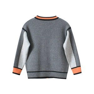 Boys gray patchwork knit sweater with orange ribbed trim for casual spring wear