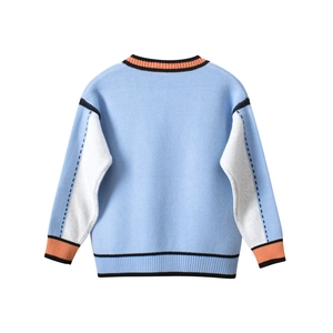 Blue and white knit sweater for kids with contrast ribbed edges and back stripe detail