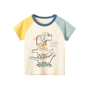 Boys Raglan T-Shirt Pure Cotton Short Sleeve Cartoon Dinosaur Print Summer Casual Crew Neck Top Soft Kids Clothing