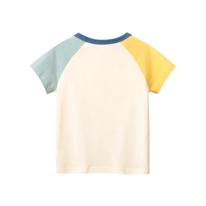 Kids color-block raglan sleeve T-shirt with blue and yellow dinosaur themed design