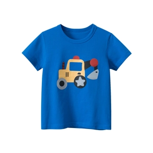 Boys Short Sleeve T-Shirt 100% Cotton Cartoon Excavator Print Royal Blue Crew Neck Casual Summer Top For Kids