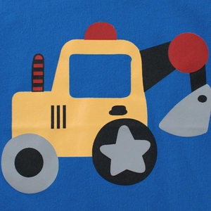 Close-up of yellow cartoon excavator print on royal blue cotton kids' T-shirt