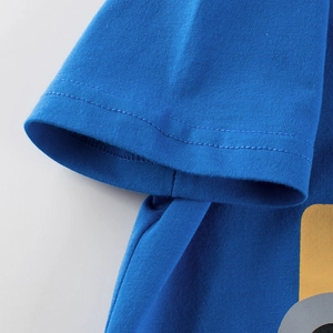 Blue kids short sleeve T-shirt with excavator print and double-stitched sleeve detail
