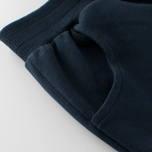 Classic navy blue cotton shorts for boys featuring a comfortable ribbed elastic waistband