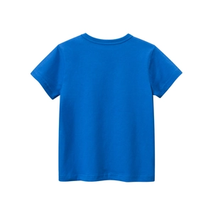 Classic blue short sleeve cotton T-shirt for kids with back view in minimalist style