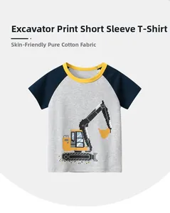 Detail of soft cotton kids t-shirt showing excavator print and raglan sleeves