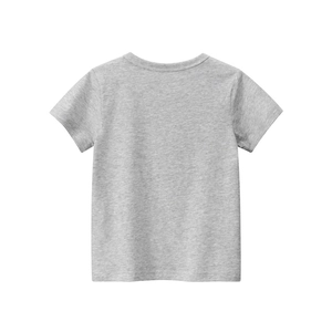 Back view of a grey cotton cartoon dinosaur t-shirt for boys in a soft melange fabric
