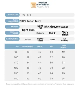 Tableau des tailles détaillé pour shorts en coton garçon avec mesures de la taille 90 à 140