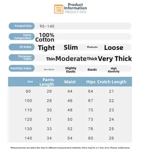 Detailed size guide for 100% cotton kids shorts ranging from 90 to 140 centimeters