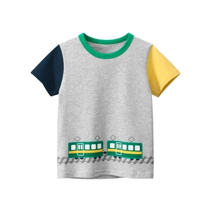 T-Shirt À Manches Courtes Pour Garçons 100 Coton Imprimé Train Dessin Animé Patchwork Col Rond Été Décontracté Enfants
