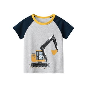 Boys Short Sleeve T-Shirt Pure Cotton Raglan Sleeve Pixel Excavator Print Casual Round Neck Top For Toddler Little Kids