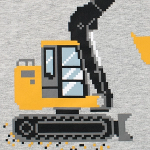 Grey knit kids T-shirt featuring a yellow pixel art excavator print on the front