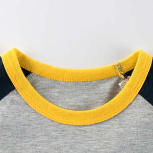 Kids grey raglan t-shirt with navy sleeves and yellow crew neck rib detail