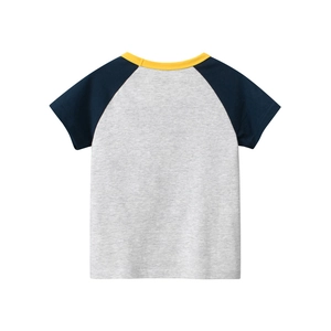 Kids short sleeve raglan t-shirt in grey and navy blue with yellow crew neck, back view