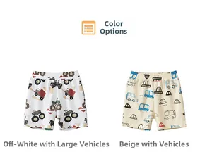Detail of toddler cotton shorts featuring car prints and elastic waistbands for boys