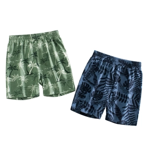 Shorts d'Été en Coton 100% pour Garçons Respirant Imprimé Tropical Feuille et Cocotier Pantalons de Nuit Décontractés Taille Élastique