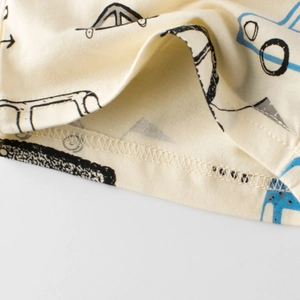 Breathable cotton kids shorts with blue car print featuring durable double-stitch hem