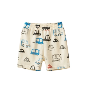 Kids off-white cotton shorts with hand-drawn cartoon car prints and elastic waistband