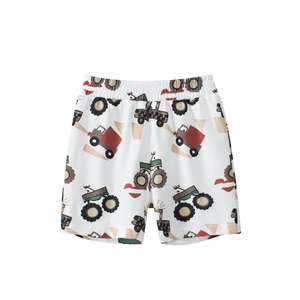 Toddler boys white summer shorts featuring colorful cartoon construction truck prints