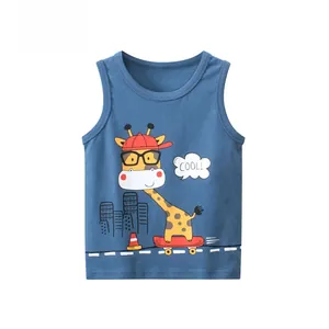 Detail of navy blue cotton vest featuring a cartoon giraffe on a skateboard with COOL text