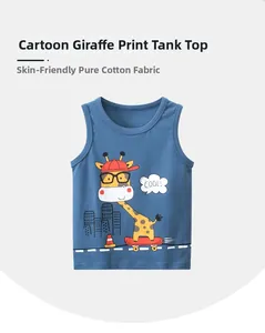 Close-up of kids blue cotton tank top featuring a cartoon giraffe on a skateboard