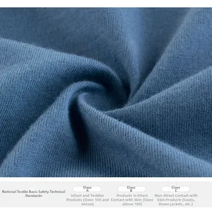 Detailed view of blue knitted fabric showing Grade A textile safety standard certification