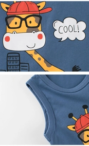 Close-up of cotton kid vest with cartoon giraffe print and reinforced double stitching