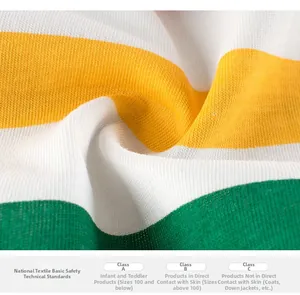Detail of yellow, white, and green striped knit fabric with safety certification labels