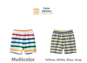 Detail view of rainbow and yellow-blue striped cotton shorts with elastic waistband