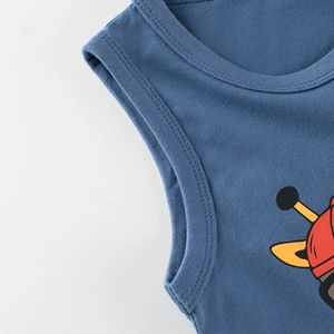 Blue sleeveless knit cotton kids tank top featuring cartoon print and neat neck binding