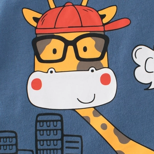 Kids navy blue knit t-shirt featuring a stylish cartoon giraffe print with city silhouettes