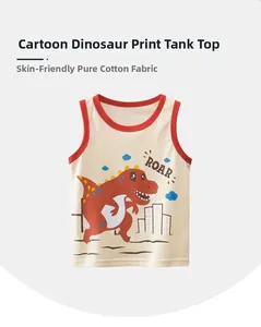 Close-up of skin-friendly cotton kids vest with cartoon dinosaur and roar print