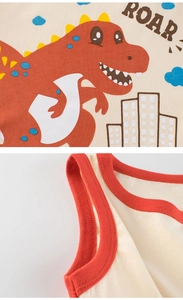 Close-up of kids beige vest with red dinosaur print and fine ribbed neckline stitching