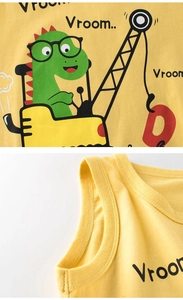 Detail of cotton kids tank top showing ribbed neckline and cartoon dinosaur print