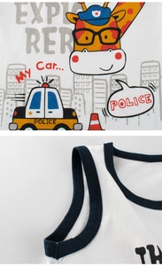 Detail showing high-quality stitching on cotton baby vest with giraffe and police car print
