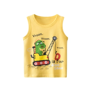 Boys 100% Cotton Sleeveless Tank Top Cartoon Dinosaur Excavator Print Summer Casual Round Neck Kids Vest Top