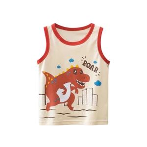 Kids Pure Cotton Sleeveless Tank Top Boys Cartoon Dinosaur Print Summer Apricot Contrast Binding Vest Top For Children