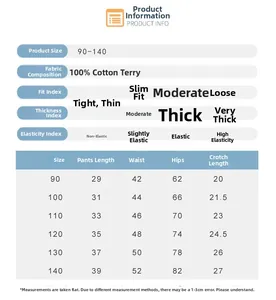 Guide des tailles pour shorts en coton enfant avec mesures détaillées de 90 à 140